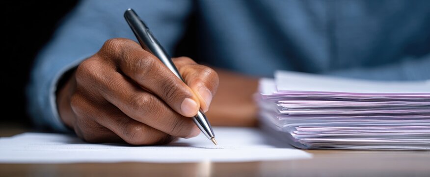 A hand dances with ink on an agreement beside a mountain of documents
