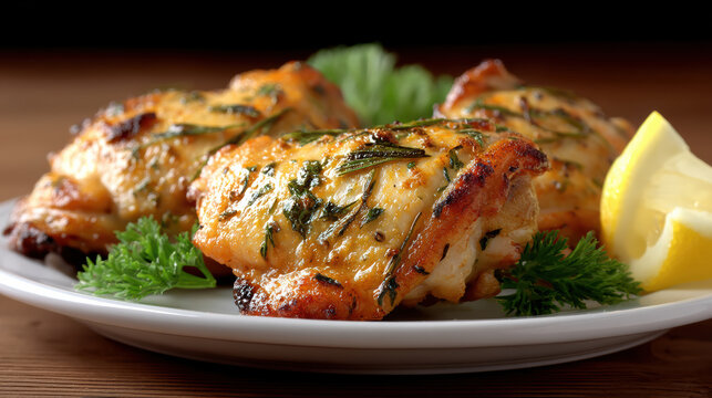 Juicy baked boneless skinless chicken thigh with herbs, garnished with parsley and lemon, served on white plate, delicious meal