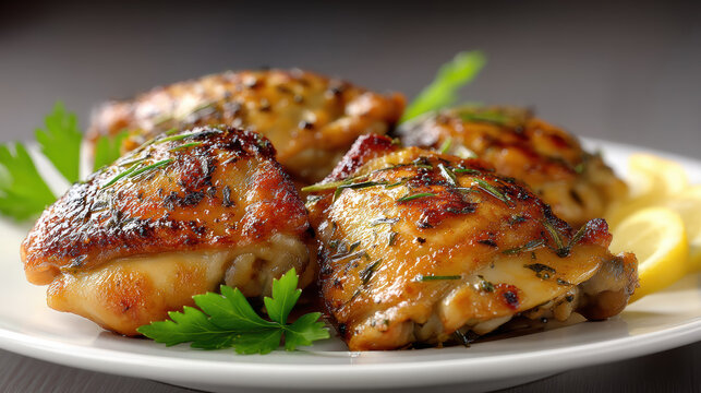 Juicy baked boneless skinless chicken thigh with herbs, golden brown, garnished with parsley and lemon, delicious home cooked meal