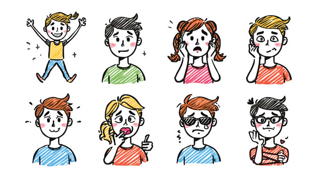 Expression Array: A vibrant array of expressive faces, each one a unique sketch capturing a spectrum of human emotion, from elation to unease. 