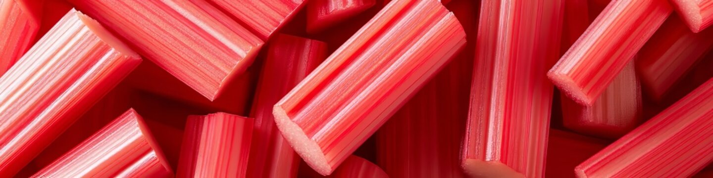 Vibrant Rhubarb Pieces with Intricate Cross Sections and Dynamic Brightness in Modern Art Style