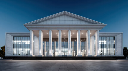 Naklejka premium Grand white government building with tall columns, modern architecture, illuminated at dusk, symmetrical facade, public institution