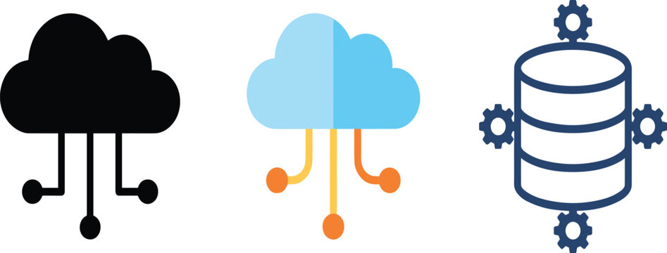 Cloud Computing and Database Management Icon Set Featuring Flat Style Cloud Networking And Information Technology Storage Infrastructure.