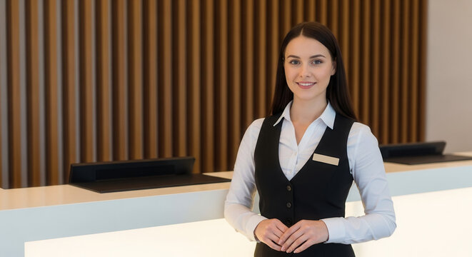 Caucasian young woman at reception desk in hotel lobby, professional hospitality and customer service