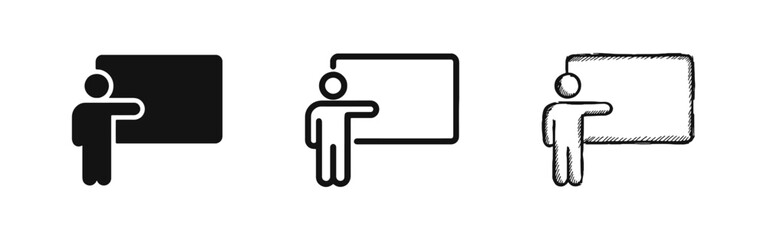 Presentation Board Icon Set, Speaker with Whiteboard, Education and Lecture Concept, Hand-drawn Style © drawing lines