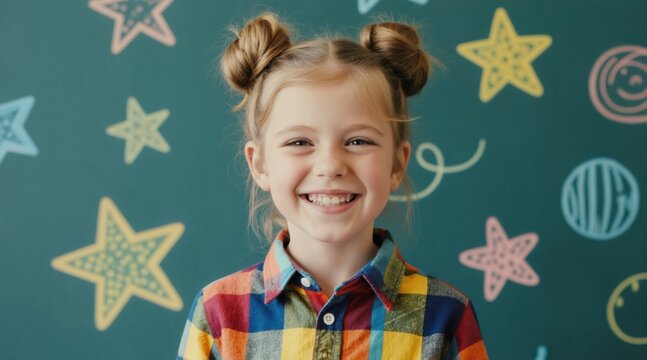 Young girl smiles brightly in front of chalkboard with colorful drawings. She wears a plaid shirt and has hair in space buns, looking happy and engaged in learning or play.