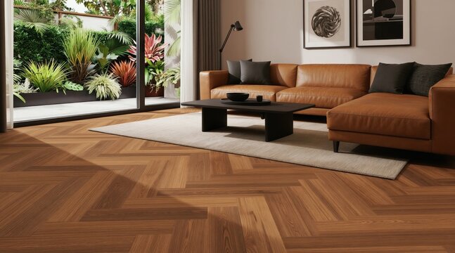 Modern living room with stylish herringbone floor. Tan leather sectional sofa faces coffee table and rug. Large sliding glass door opens to lush green garden patio.