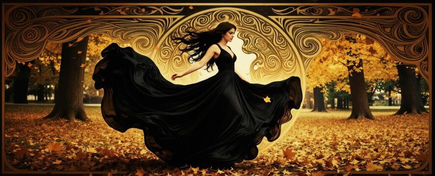 Woman in long black dress dances in autumn park. Golden leaves cover ground trees. Ornate golden swirl pattern frames scene. Elegant lady poses gracefully outdoors in fall.