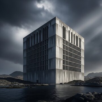 Large metal building on rocky coastline with stormy sky