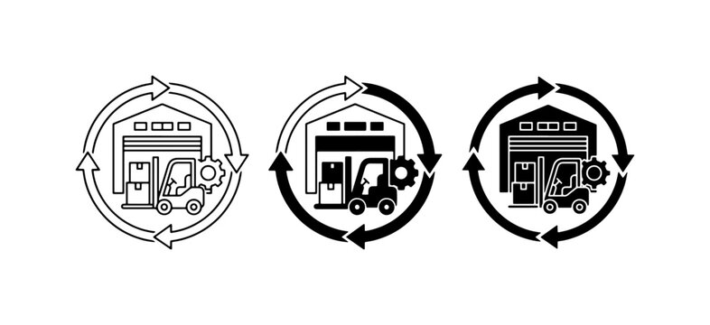 Warehouse Logistics Icons: Forklift, Gear, and Circular Arrows Set for Supply Chain Management, Distribution, and Inventory Control