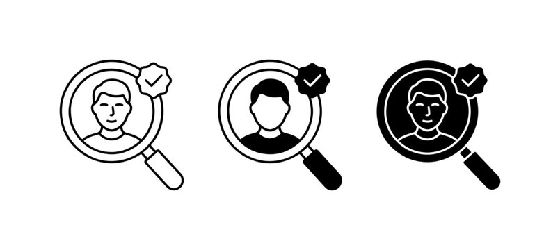 Magnifying Glass Search Icons with Verified User Profile, Human Resource Selection, and Candidate Screening