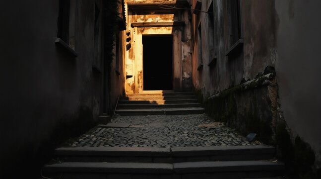 Cobblestone stpic lead to a dark building entrance. Old weathered walls line the narrow pathway. Sunlight hits the ornate doorway, creating dramatic shadows.