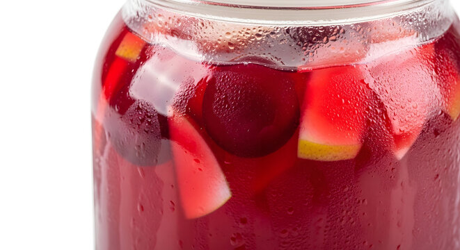 Juice from Bulgaria, made from boiling fruits known as kompot in a glass jar pitcher shot in macro angle against white background