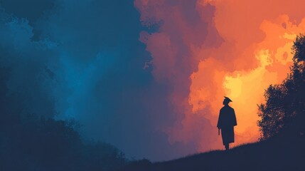 Obraz premium Silhouette of a graduate on a hillside with dramatic sunset and clouds