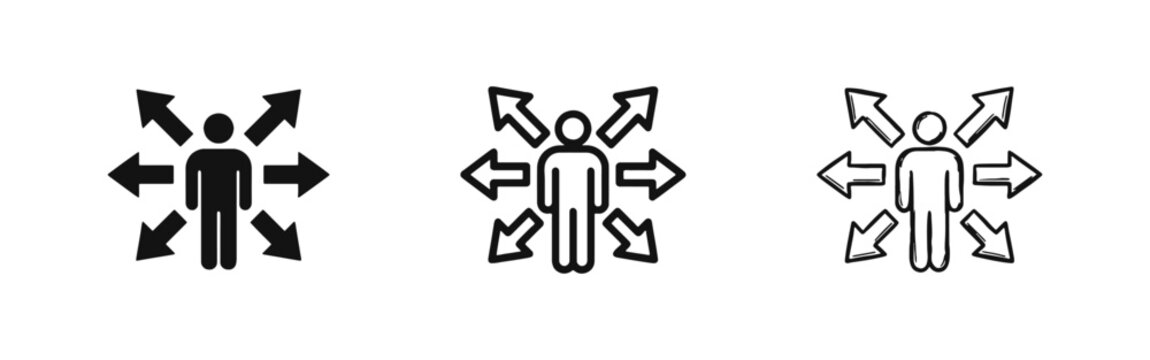 Person with multi-directional arrows icon set for leadership or expansion