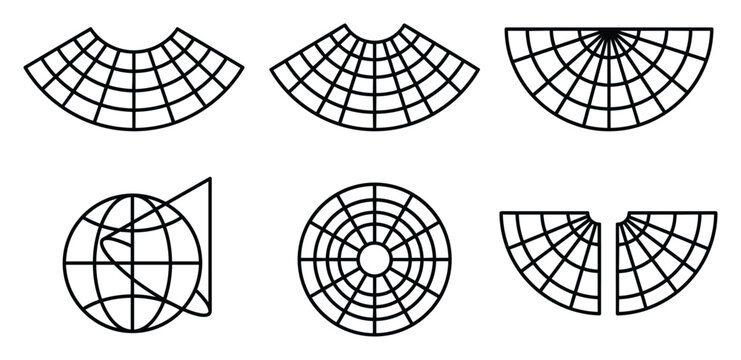 Fragmented map grids and spherical projections representing sections of Earths surface for spatial analysis.