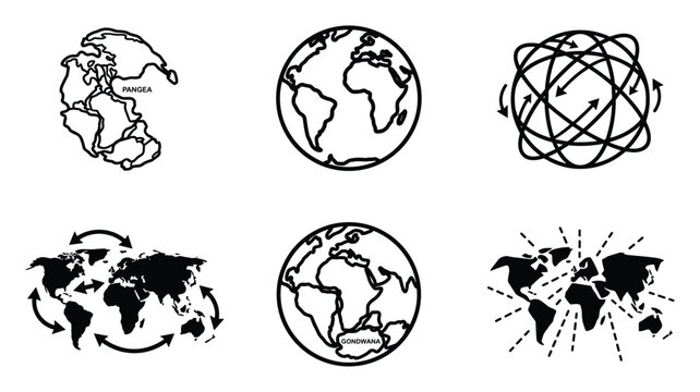 Historical and modern world maps illustrating continental drift and Earth's changing geography.