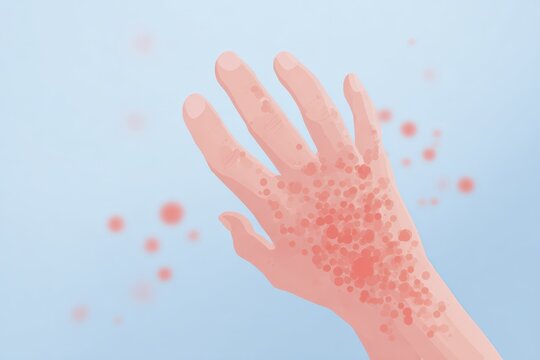 Skin shows reaction to allergen causing redness and rash on hand with visible spots and irritation during allergy season in a clinical setting