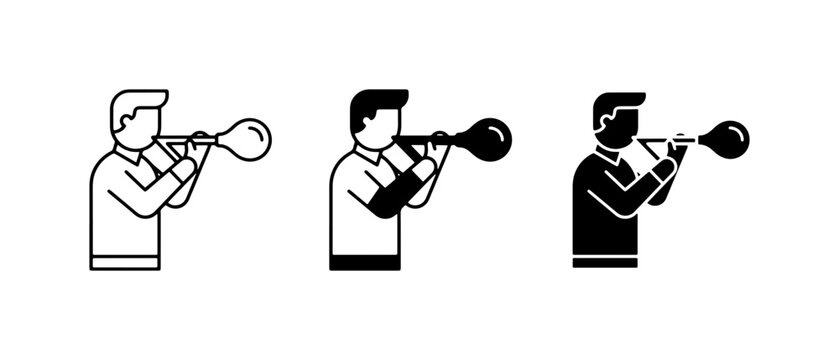 Person Blowing Horn, Sound Icon Set, Musical Instrument Graphics, Celebration and Party Symbols, Vector Illustrations