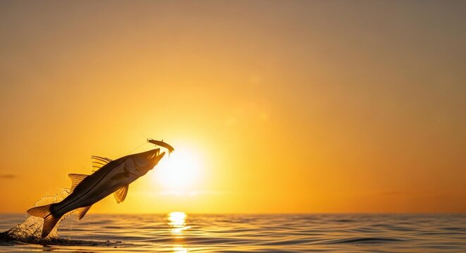Snook Fish Jumping to Catch Lure at Sunset, Silhouette of Sport Fishing Action During Golden Hour