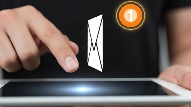 Hands holding digital tablet with holographic email notification and unread message alert modern