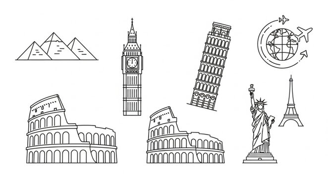 Collection of famous world monuments icons.