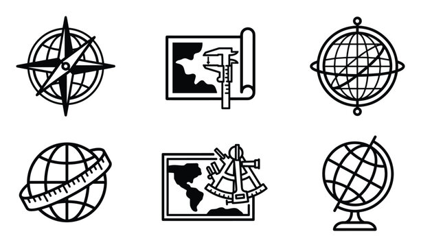 Set of cartography and geography icons including compass globe maps calipers and sextant with simple design.