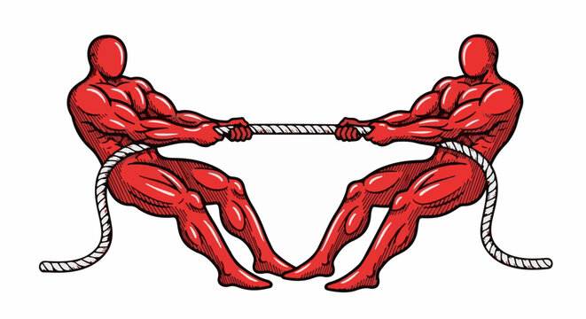 Two stylized muscular figures in red, locked in a tug-of-war over a rope