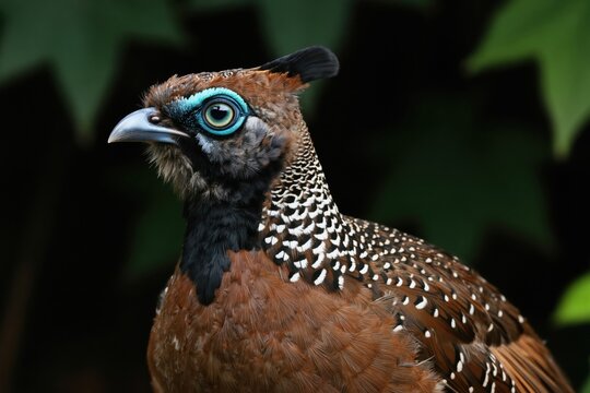 Himalayan Monal bird closeup profile. Colorful pheasant with iridescent blue eye rings, black crest, and patterned feathers. Wildlife creature in natural habitat, India.