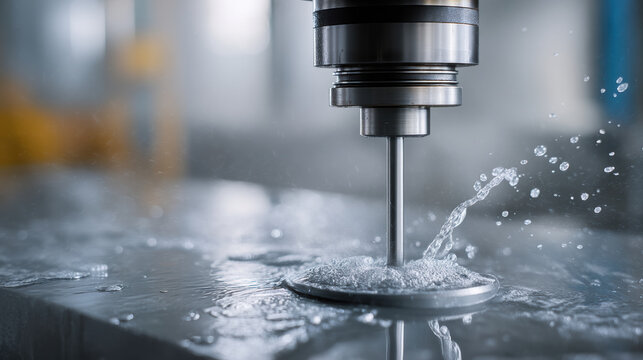 CNC machine metal water cutting industrial precision close up high fidelity technology workshop. CNC machine cutting metal with water cooling