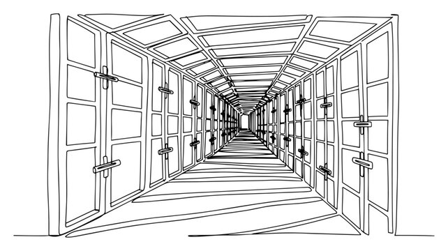 Interior perspective of a long hallway with many frames in continuous line art