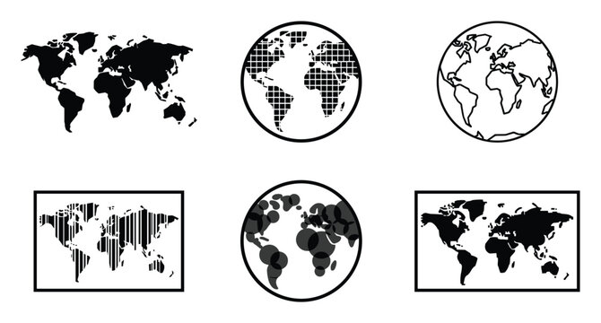Various world map designs including digital binary code and abstract circle styles technology and data concepts.
