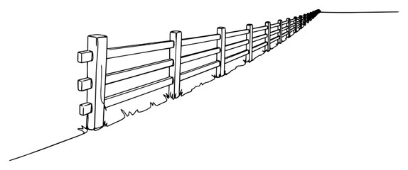 Perspective view of a long wooden ranch fence drawn in continuous line art © Alicja