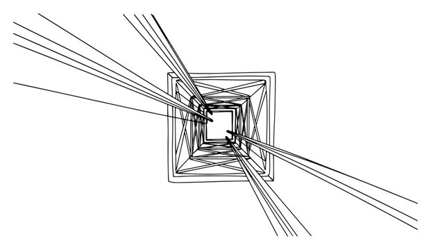 Upward perspective view of electrical transmission tower in continuous line art