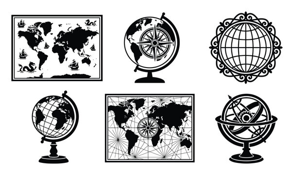 Vintage maps and globes featuring compass roses ships and ornate borders for historical exploration themes.
