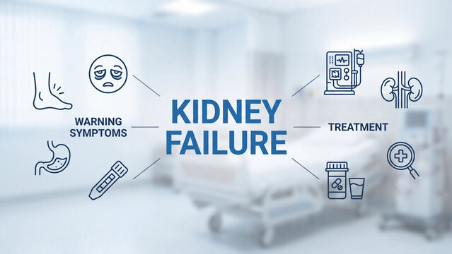 Kidney failure medical awareness diagram showing warning symptoms and treatment options including dialysis and medication for renal disease patient education in clinical setting