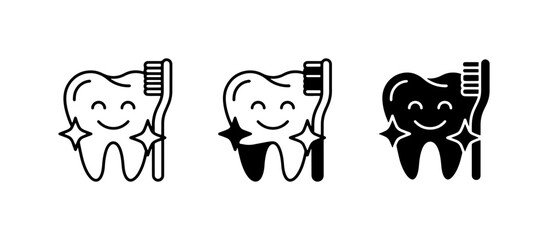 Obraz premium Happy Tooth and Toothbrush Icons Set, Dental Care Vector Graphics, Oral Hygiene Illustrations, Clean Smile Symbols