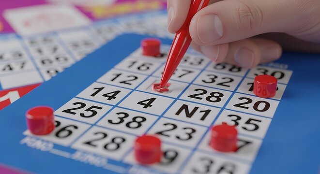 Close up of hand marking bingo numbers on a game card with red markers