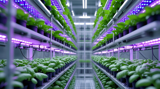 Advanced futuristic vertical hydroponic farming system with lush green plants growing under purple LED lights in a clean laboratory environment.