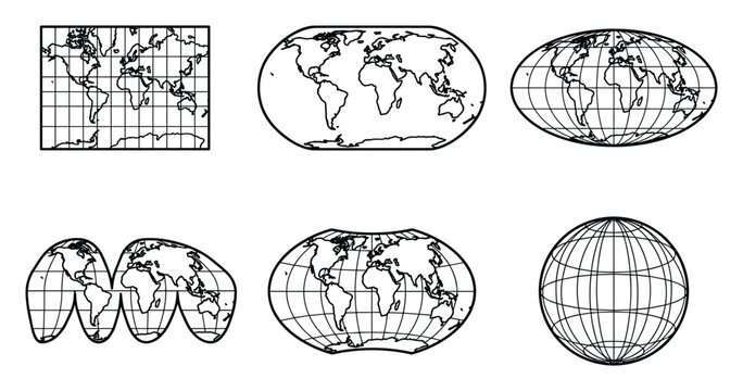 World map projections and globe visualizations showing different continental layouts and geographic grid systems.