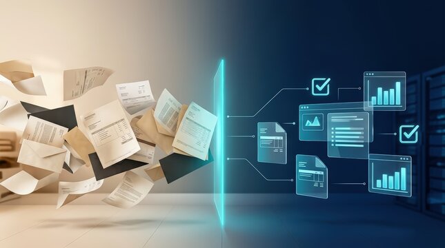 A paper documents transform into digital charts through scanner beam, AI automation in business workflows process system