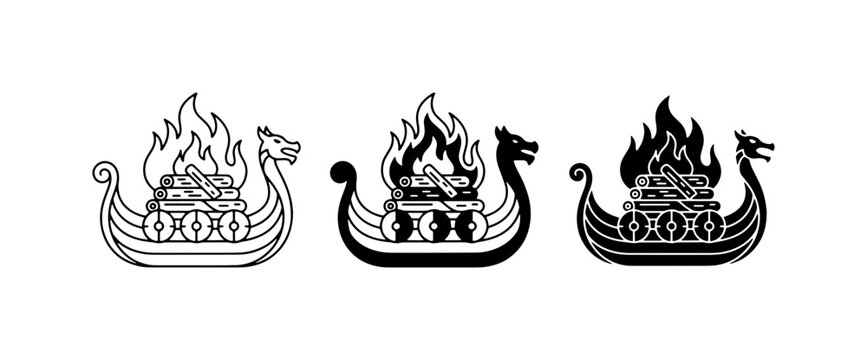 Viking Longship Funeral Pyre Icons, Norse Ship Burial Symbols, Ancient Scandinavian Fire Boat Graphics