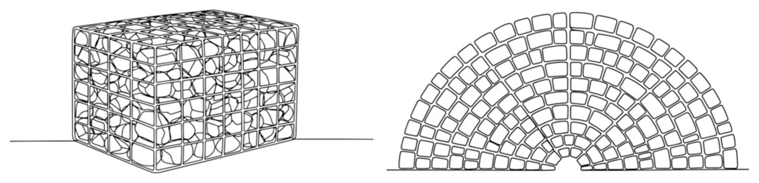 Gabion stone basket and fan shaped cobblestone pavement pattern in continuous line art
