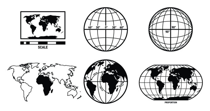 World maps and globes illustrating geographical data scale proportion and latitude longitude coordinates.