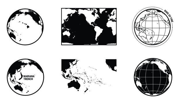World maps and globes showing Pacific Ocean, Ring of Fire and Mariana Trench.