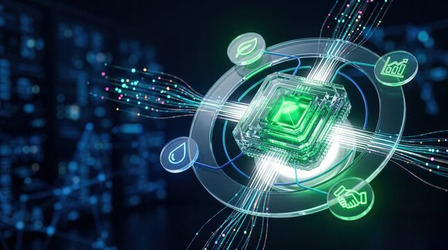 A green core processor connect with icons for eco metrics in dark space, AI automation in business workflows sustainability