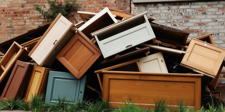 Broken old furniture doors drawers piled up outdoors against brick wall. Discarded items clutter backyard near house. Furniture junk disposal for recycling purposes.