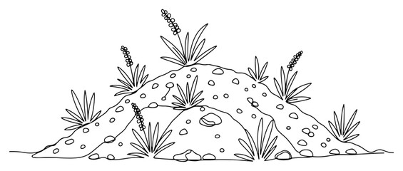 Fototapeta premium Mound of earth and soil with growing plants in a minimalist continuous line style