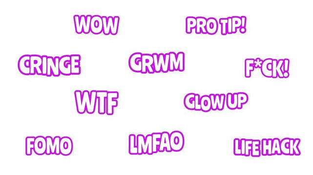 Trendy slang bouncy bubble outline text animation set. Internet reaction words. Viral style content creation. Playful call-to-action typography collection. Animated jumping magenta letters overlays