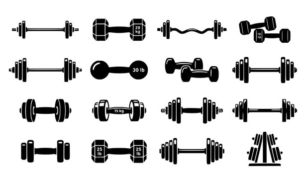 Modern geometric barbell and dumbbell vector icons for fitness and strength training isolated on white background